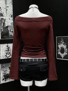 EgrlEra Áo len dài tay nhún bèo lệch vai màu trơn thời trang cho nữ, Thu/Đông - màu nâu - Xem 2