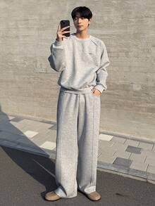 DAZY 男士纯色加厚套头卫衣套装，秋冬款 - 灰色 - 查看 8