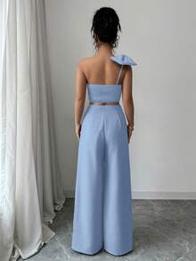 Elenzga 女士优雅时尚通勤休闲舒适迷人度假无袖不对称大蝴蝶结装饰后背抽绳腰直筒裤纯色纹理面料两件套 - 藍色 - 查看 2