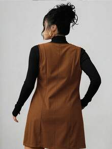 EMERY ROSE Plus Size Casual Front Zipper Sleeveless Dress, Autumn - Mocha Brown - View 2