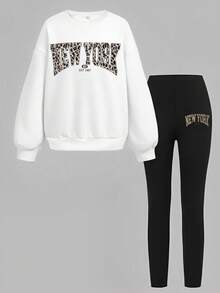 Girlism Tween Girl Sweatshirt & Sweatpants Co-Ords, English Graphic Print, Casual Long Sleeve Pullover Thick Sweatshirt And Pants 2 Pieces Set, Suitable For Autumn/Winter - Black and White - View 9