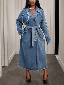 Slaydiva Women's Casual Denim Jacket With Raglan Sleeves, Single-Breasted, And Frayed Hem Design - Blue - View 4