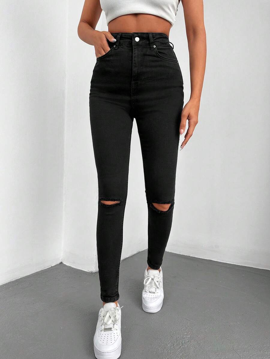 SHEIN Tall Women Tall High Waist Ripped Skinny Jeans