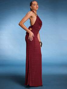Normani Women's Solid Color Halter Draped Backless Dress,Fall Wedding Guest Dress Formal Dresses For Wedding Guest,Party Dress - Burgundy - View 5