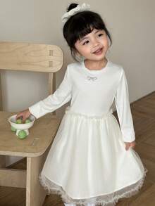 SHEIN Váy dài tay dệt kim và lưới thêu bướm phong cách Hàn Quốc/Nhật Bản cho bé gái - trắng - Xem 3