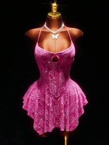 Amplova Valentine's Day & New Year Party Style Low-Cut Sequin Lace Fuchsia A-Line Mini Dress For Women Pink - Hot Pink - View 5