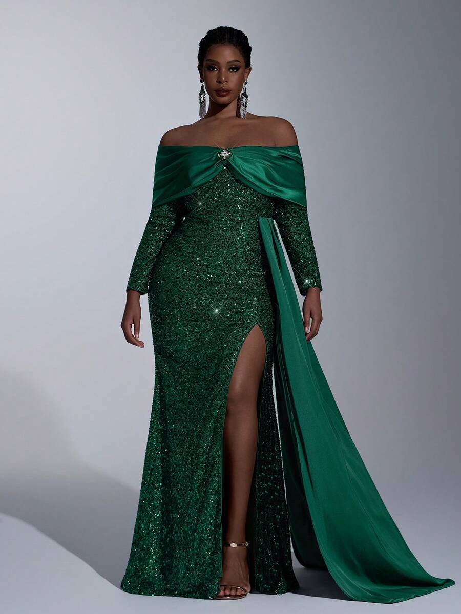 Glamrae Vestido de noche formal de lujo con hombros descubiertos, cuello romántico verde, decoración de diamantes, mangas largas, lentejuelas, abertura alta y bajo de sirena con drapeado lateral para tallas grandes