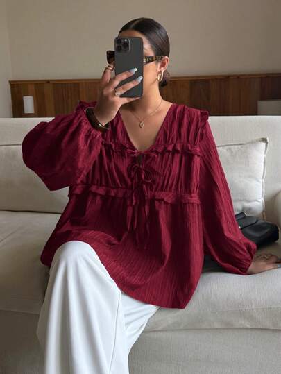 Dripcurv New Plus Size Women's Burgundy Solid Color Minimalist V-Neck Long Sleeve Top, Everyday Wear Thanksgiving Outfits For Women Vacation Outfits Women Red Top  Stylish Clothing Collection/Winter