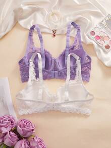 2pcs Fashionable Romantic Lace Sheer Underwire Bra Set - Multicolor - View 2