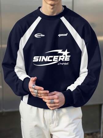 Manfinity Roghcode Sudadera de cuello redondo de manga larga con estampado de color contrastante para hombre, jersey deportivo de los 90, sudadera de carreras de manga larga para hombre