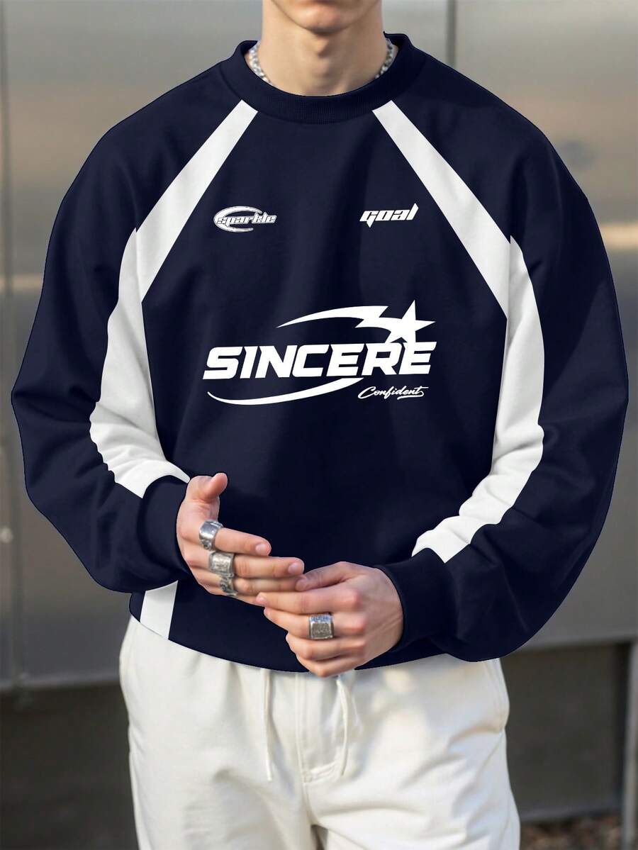 Manfinity Roghcode Men's Contrast Color Print Crew Neck Long Sleeve Pullover Sweatshirt 90s Sporty Sweater Men Racing Sweatshirt Long Sleeve Jersey Sweatshirt - Navy Blue - View 1