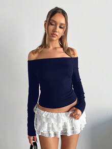 SHEIN EZwear Áo thun dài tay hở vai màu xanh navy, thường ngày dành cho nữ, mùa xuân/thu - Màu xanh hải quân - Xem 5