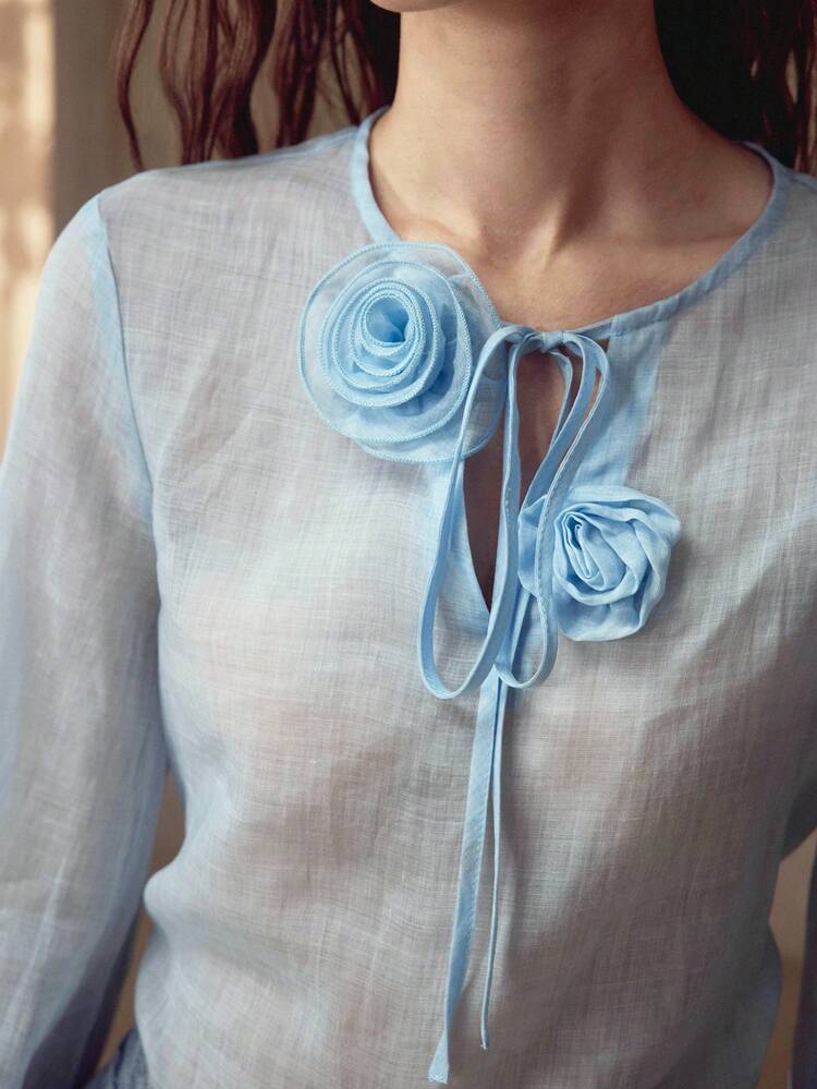 LINEN SOLID STEREO FLOWER TIE NECK LANTERN SLEEVE BLOUSE