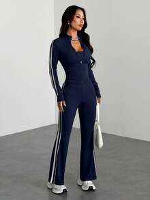 SHEIN PETITE 2025 Summer And Autumn New Casual Simple Navy Blue Slim Long-Sleeved Short Open Side Stitching Ribbon T-Shirt + Slim Long Flared Pant Women Two Pieces Set, Suitable For Daily Travel, Back To School, Graduation, Brunch Outfit, Airport Outfit, Party Gatherings, Festivals, Travel,Simple, Versatile, Women 2 Piece Sets Pant Suit Set Women