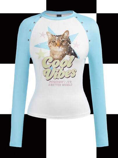 Y2Kool Maria Clara Maia Women's Cat Letter Metal Grommet Raglan Sleeve Round Neck Long Sleeve T-Shirt, Street Y2K Style, Autumn/Winter Cool Tops Graphic Tops Women Cat Shirts For Woman Stylish Clothing Collection New Year Outfits