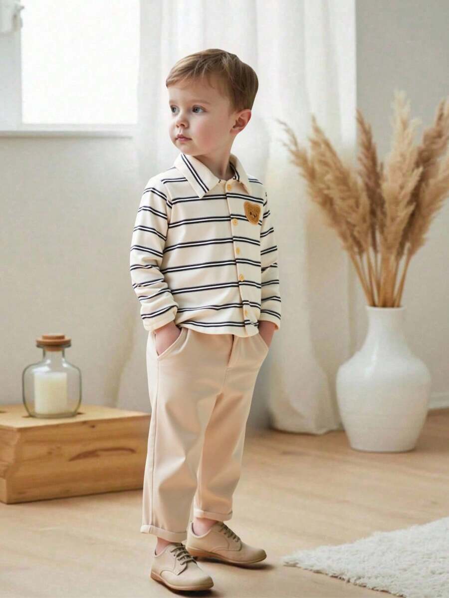 SHEIN Vintaside Kids 男童罗纹针织长袖衬衫和罗纹休闲裤两件套，春秋季 - 卡其色 - 查看 1