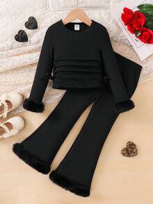 SHEIN Bộ 2 áo thun trơn cổ tròn xếp ly thường ngày và quần ống loe ôm sát cho bé gái - màu đen - Xem 9