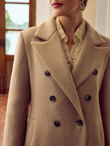 ZEYLAH 女式纯色翻领长袖双排扣大衣 - 卡其色 - 查看 2
