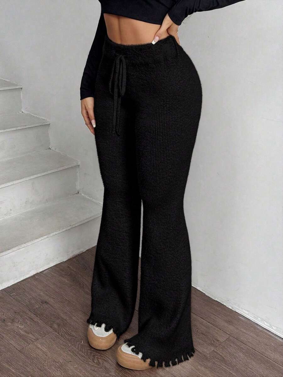 SHEIN EZwear Quần len ống loe thắt nút trơn màu cho nữ mùa thu/đông - màu đen - Xem 1