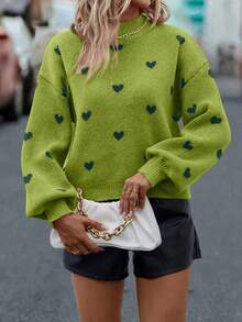 SHEIN LUNE Women's Heart Pattern Round Neck Drop Shoulder Long Sleeve Casual Loose Pullover Sweater, Autumn/Winter - Green - View 6