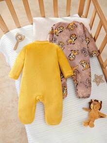 2 pezzi Set pigiama tutina con piedini in flanella reversibile con motivo cartone animato leone per neonati, maniche lunghe - Multicolore - Visualizzare 2