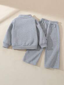 Genkimix Kids 男童半拉链高领卫衣套装（2件），长袖直筒裤，印花图案，罗纹袖口和下摆，保暖内衬，休闲又不失精致，适合秋冬季运动、户外活动和上学穿着。 - 灰色 - 查看 2