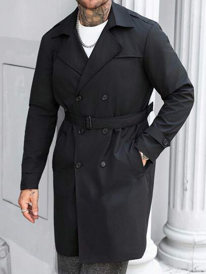 Manfinity Mode Men's Street Hot INS Matching Black Plain Anti-Peak Fabric Double-Breasted Lapel Oversized Trench Coat, Boyfriend Husband Gift Anniversary Gift Men Long Coat Men Outerwear Double Breasted Trench Coat Men Black Trench Coat Men Trench Coat, Fall
