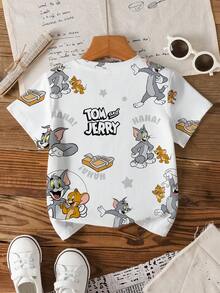 TOM & JERRY X SHEIN Young Boy Casual Letter & Cartoon Graphic Round Neck Short Sleeve T-Shirt, Summer