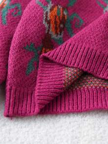 SHEIN 女童印花圆领长袖毛衣和针织裤休闲套装，秋冬款 - 酒紅色 - 查看 8