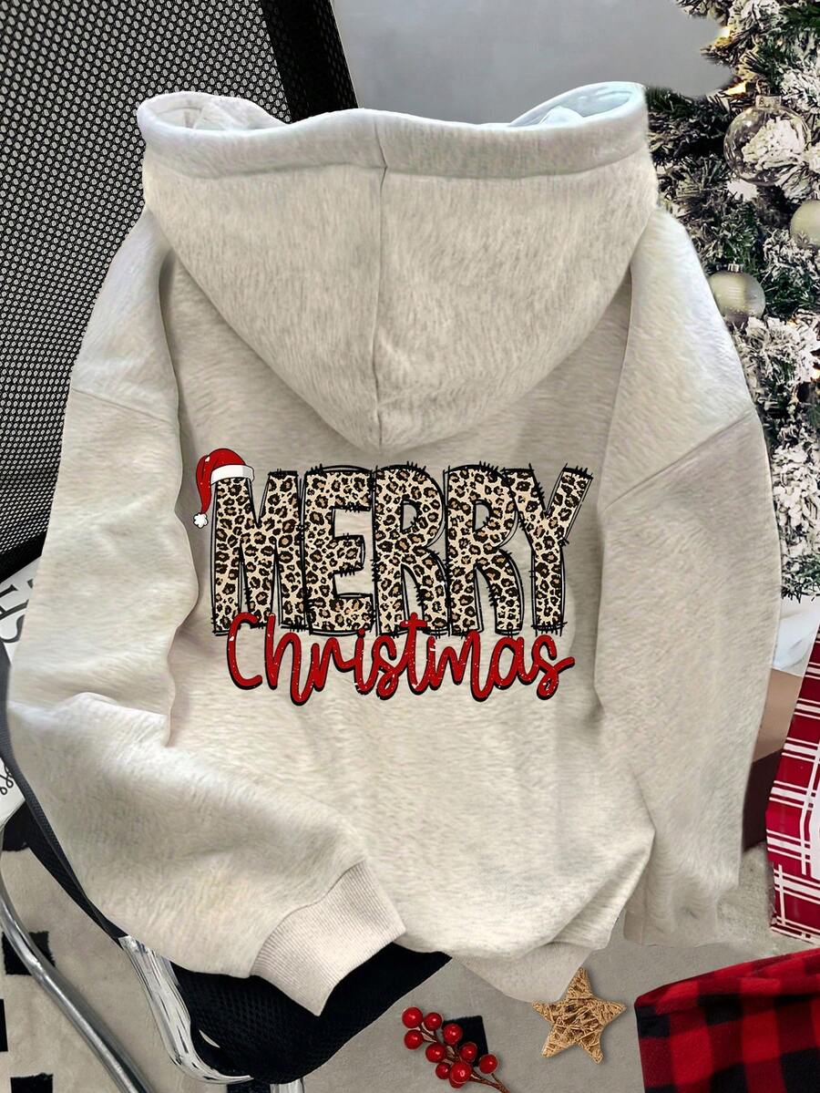 EMERY ROSE Plus Size Women Christmas Print Hooded Sweatshirt, Casual For Autumn/Winter - Light Grey - View 1