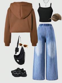SHEIN Explorewe 3pcs Set: Tween City Name Print Cropped Hoodie, Simple Shoulder Strap Camisole, And Distressed Wide-Leg Jeans - Brown - View 2