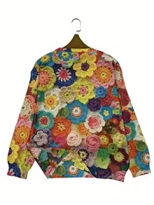 EMERY ROSE Women's Colorful Floral Print Sweatshirt, Mock Knit Effect, Round Neck Long Sleeve, Autumn/Winter Sportswear - Multicolor - View 2