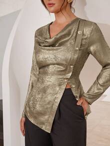Modelyn Blusa elegante de mujer con textura de metal, cuello solapa y diseño de botones de manga larga - Dorado - Ver 4