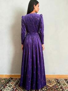 SHEIN LUNE 女士优雅全身印花小碎花拼接精致前襟纽扣薰衣草色灯芯绒外套和半身裙，秋冬浪漫草原风情印花套装 - 紫色 - 查看 2
