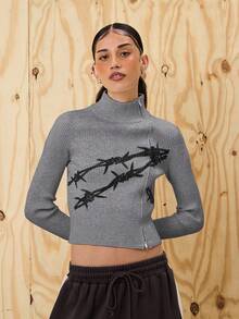COUREZ Asymmetric Zip Up Fitted Rib Knit Jumper With Graphic /Y2K Going Out For Women Spring For Women Going Out Tops Rave Women's Spring Sweater - Grey - View 4