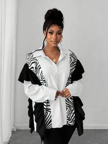 Maweii Plus Size Women Patchwork Zebra Print Ruffle Hem Loose Fashion Blouse - White - View 4