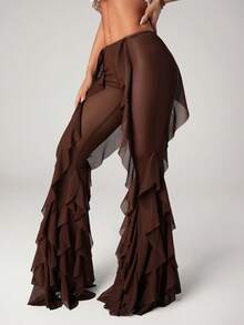 SHEIN ICON 女士西部风喇叭裤脚低腰修身Y2K裤，秋冬款 - 卡其色 - 查看 6