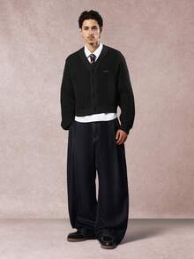 SUMWON 短款罗纹纽扣开衫 V 领长袖针织毛衣 秋冬季叠穿必备单品 - 黑色 - 查看 1