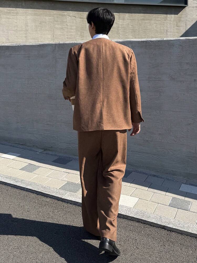 Solid Color Long Casual Khaki Suit Set For Men, Autumn