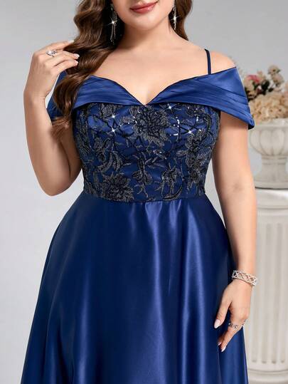 Coutiva Plus Size Women Floral Sequin Off-Shoulder Formal Evening Gown
