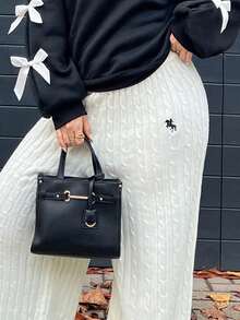 NegzBox Fall Women Clothes Old Money Autumn  Sweaters Pant Women's Solid Color Cable Knit Casual Loose Sweater Pants White Wide Leg Pants Cable Knit Pants Wide Leg Knit Pants - White - View 6