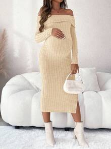 SHEIN Setelan Gaun Dua Potong Rajut Beige Polos Lengan Panjang Off-Shoulder dengan Detail Ribbed dan Belahan Samping, Warna Peach, Musim Gugur, Kasual, Hamil, Pemotretan - Aprikot - View 3