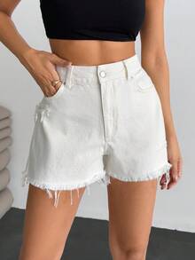 EURMUSE Plus Högmidjade Slitna Damjeanshorts - Vitt - Visa 5