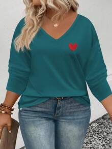EMERY ROSE Women's Heart Print V-Neck Long Sleeve Plus Size T-Shirt, Popular For Autumn/Winter - Teal Blue - View 4