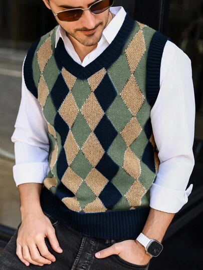 Manfinity Mode Men's Contrast Color Geometric Pattern Sleeveless Knit Vest