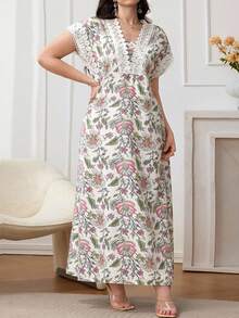 Modelyn 优雅花卉印花拼接蕾丝边长袖连衣裙（女款） - 彩色 - 查看 7