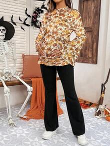 SHEIN Maternity Floral Print Stand Collar Long Flare Sleeve Casual T-Shirt - Yellow - View 3