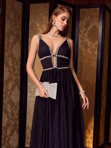 MOTF PREMIUM RHINESTONE DETAIL CONTRAST MESH DEEP V NECK COCKTAIL DRESS - Black - View 6
