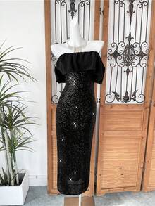 Franclia 女士亮片拼接荷叶边无肩带优雅时尚连衣裙 - 黑色 - 查看 4