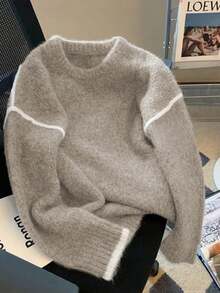 SHEIN PETITE Women's Retro Gray Sweater, Soft & Loose Knit Top, Autumn/Winter - Multicolor - View 1